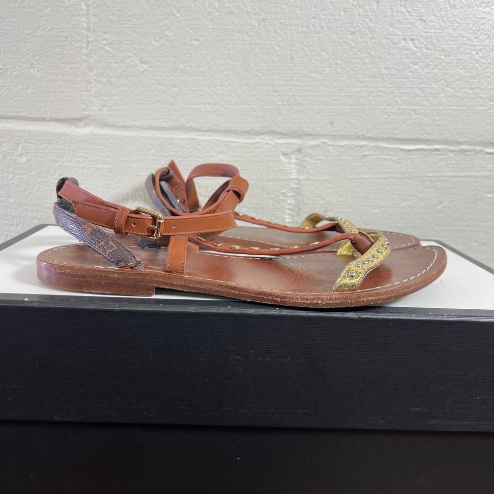 Louis Vuitton Monogram Brown Leather Studded Sandals T Strap Women's 39 EU/8 US